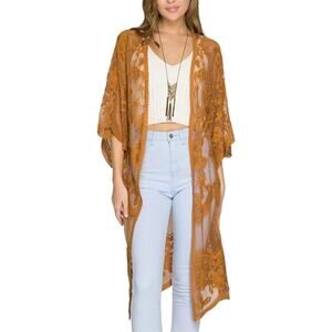 Women's Romantic Embroidered Lace Boho Kimono Cover Up OS Brown Whimsical Sheer